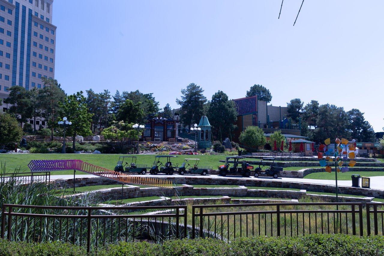 Grassy slopes and stage at Fiddler's Green Amphitheatre in Greenwood Village.