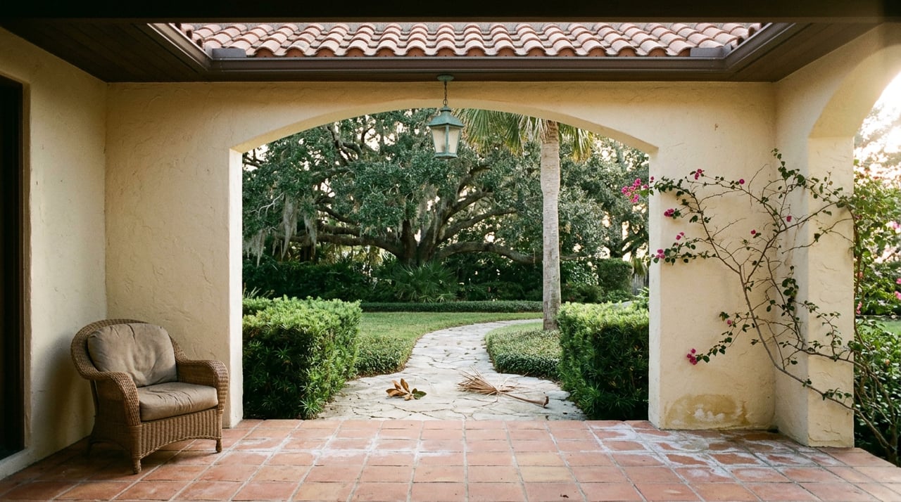 Stucco arch frames a garden path, clipped hedges, palm, and Spanish-moss-draped oak; rattan chair nearby.