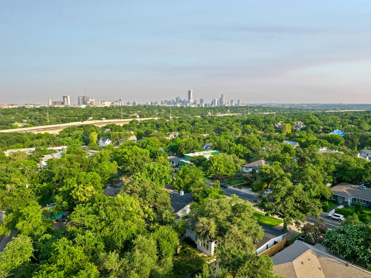 Aerial view toward the downtown Austin skyline from 2404 Westover Rd, Tarrytown.