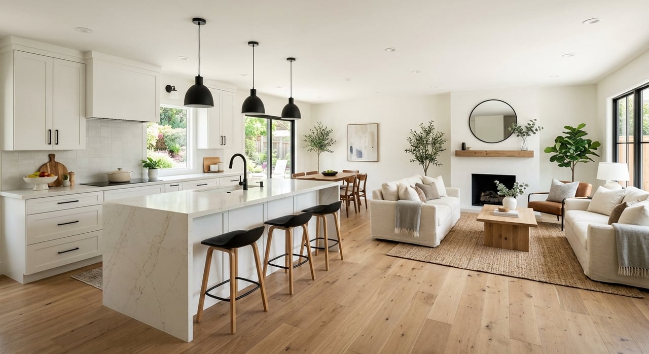 Open-plan kitchen and living room with a quartz island, white cabinets, fireplace, and sofa.