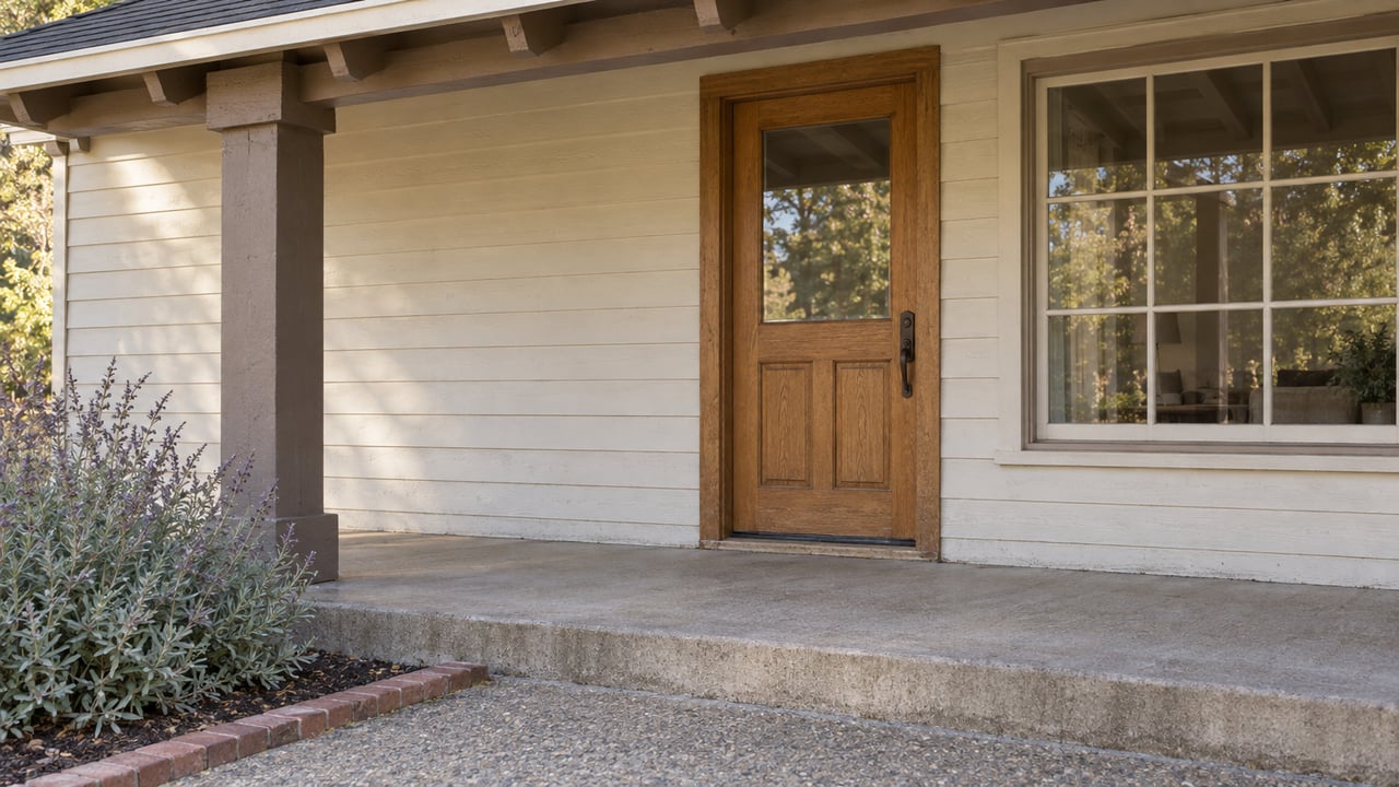 Covered porch with cream wood siding, a honey-colored glazed front door, exposed rafters and a weathered concrete step beside silver-green sage.
