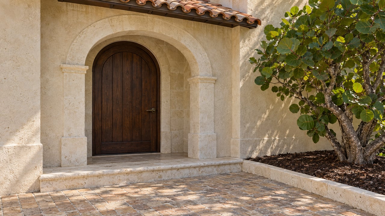 Arched stucco entrance with a closed mahogany door, limestone step, brick entry court and one sea grape tree.