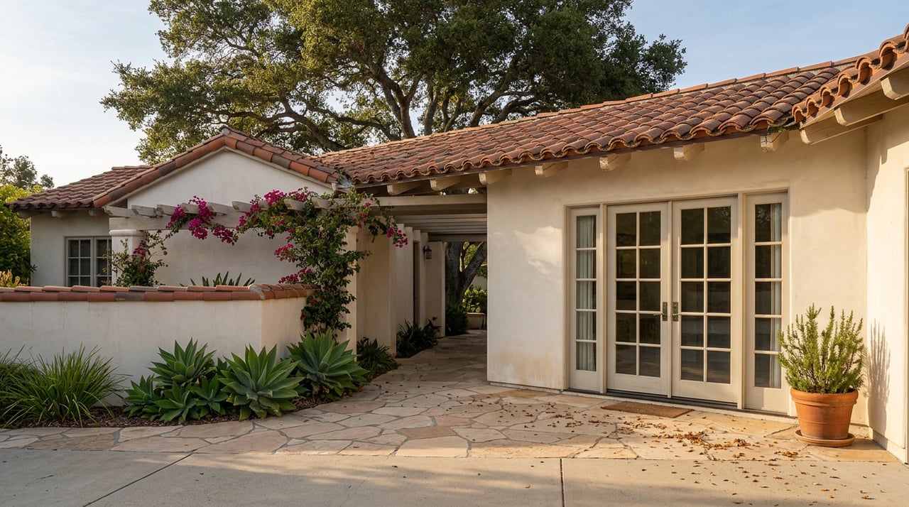 Spanish-style ranch home with terra-cotta roof and pergola beneath a mature oak, overlooking a flagstone courtyard.