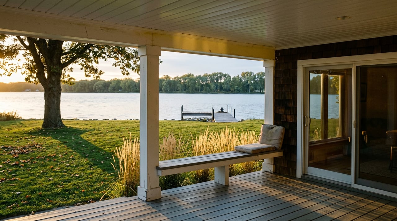 Covered porch overlooking a lawn, bur oak, wooden dock, and calm lake lined with silver maples.