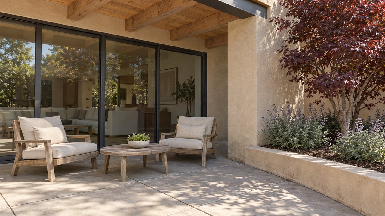Covered patio with weathered teak chairs, warm stucco, timber beams, and closed glass doors beside a raised bed with a Japanese maple and sage.