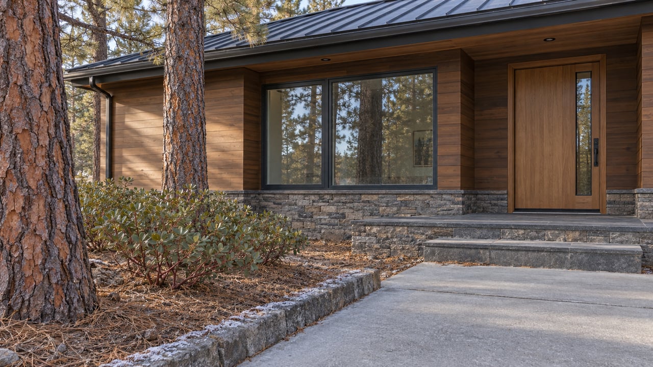 Cedar-sided home entry with a dark metal roof, stone steps and closed glazing beside ponderosa pines and a low greenleaf manzanita.