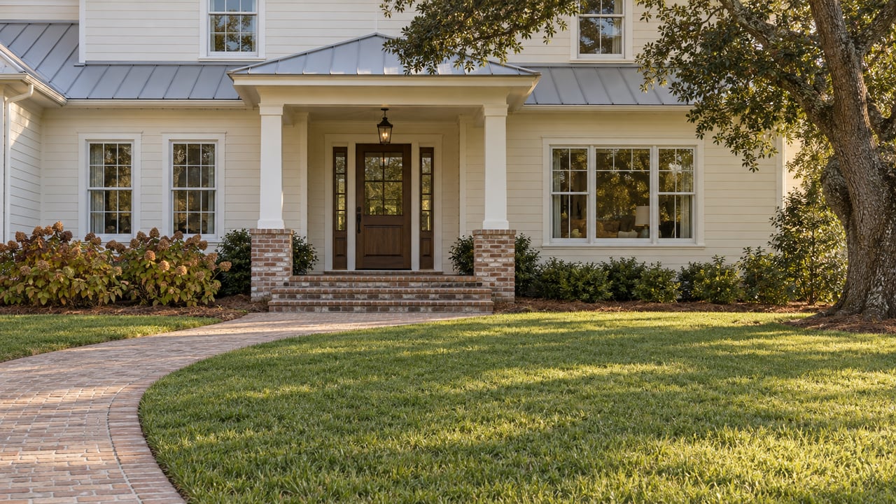 Ivory clapboard residence with a brick entry porch, broad lawn, oak tree and autumn hydrangeas in afternoon light.
