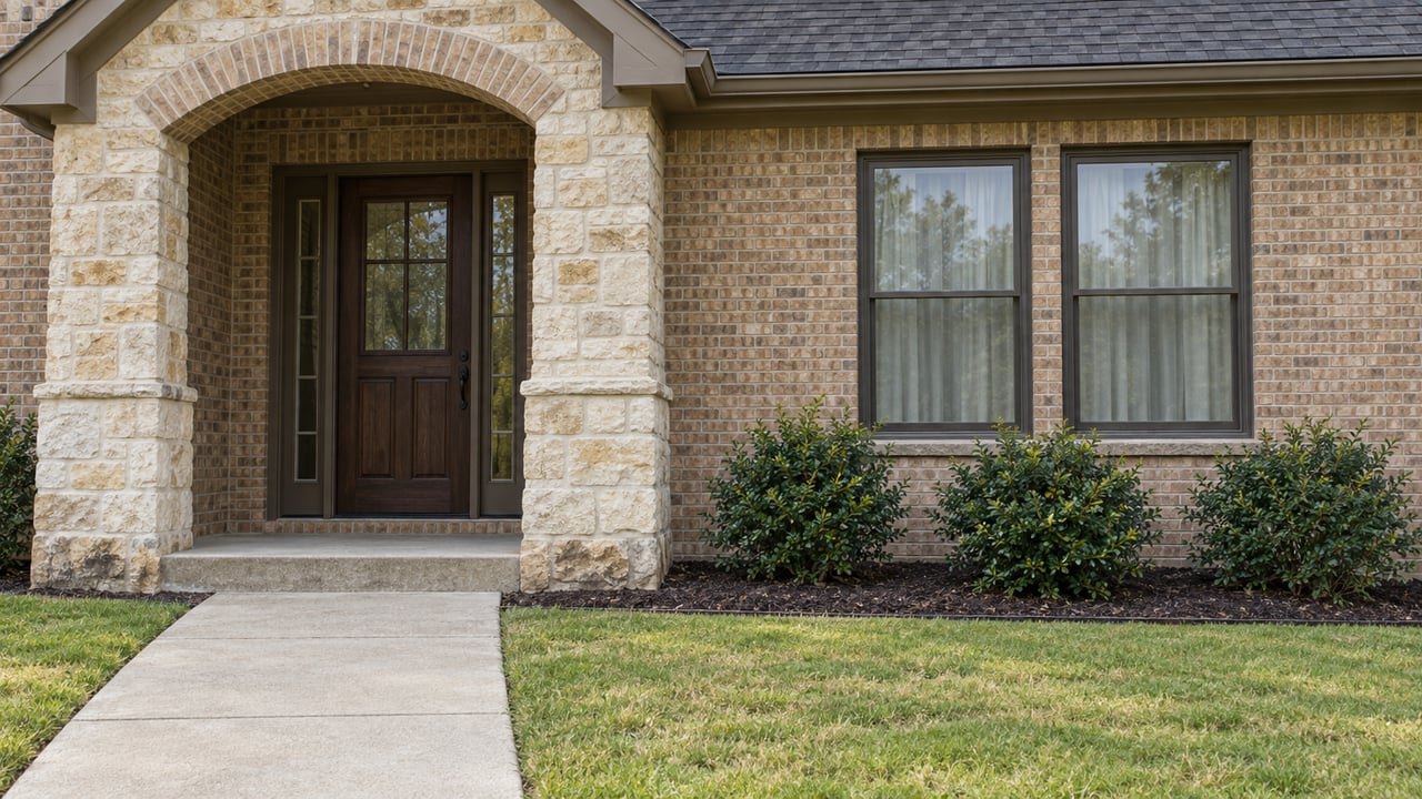 Warm brick home with a limestone arched porch, dark oak front door, paired windows and a concrete approach across a broad lawn.