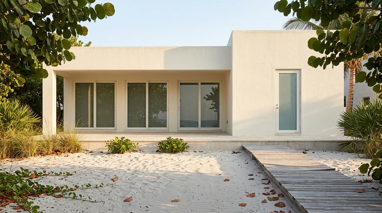 Coastal residence with three glass loggia doors, raised limestone terrace, and timber walkover across sandy dune.