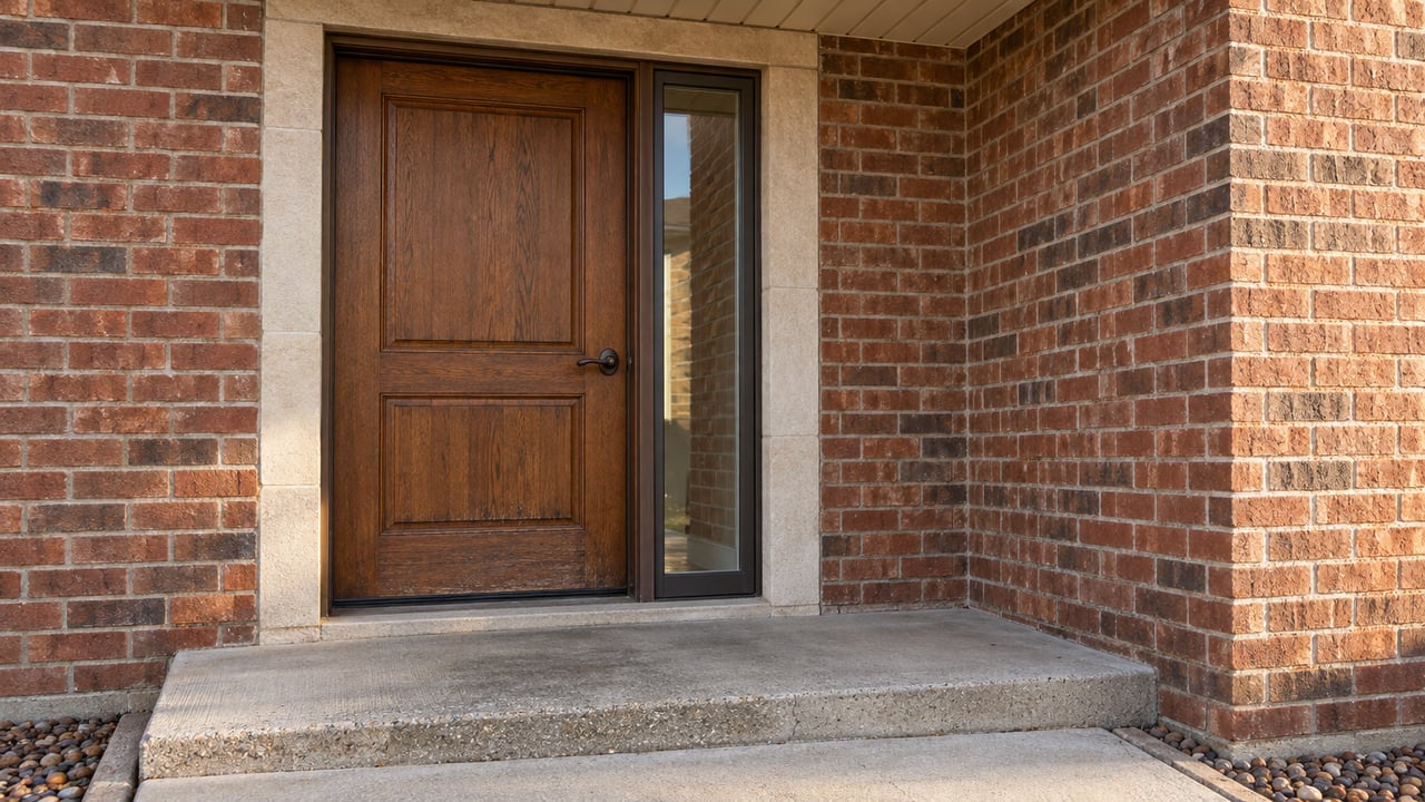 Close view of a brick home's recessed oak front door, glazed sidelight and weathered concrete stoop in afternoon light.