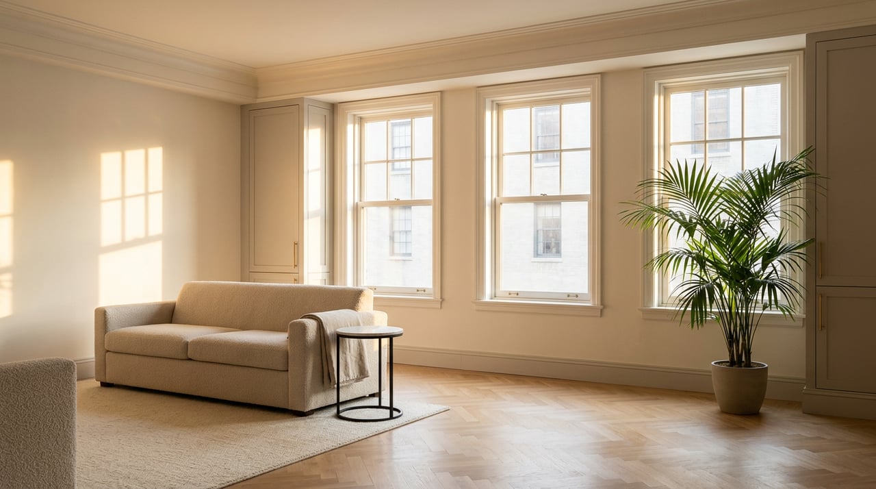 Prewar living room with a pale sofa, herringbone floor, and late-afternoon sun casting window shadows.