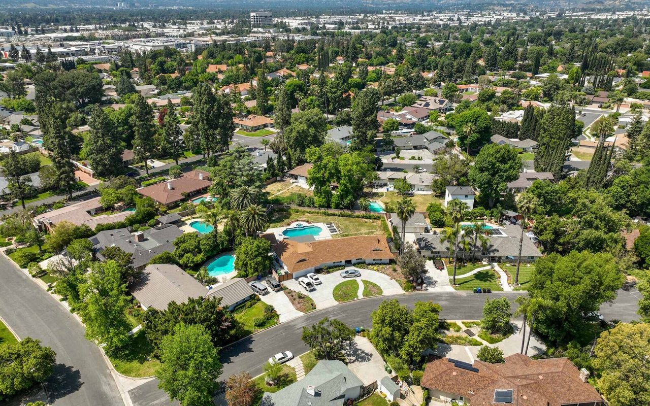 Northridge neighborhood aerial view pools and residential streets San Fernando Valley Los Angeles
