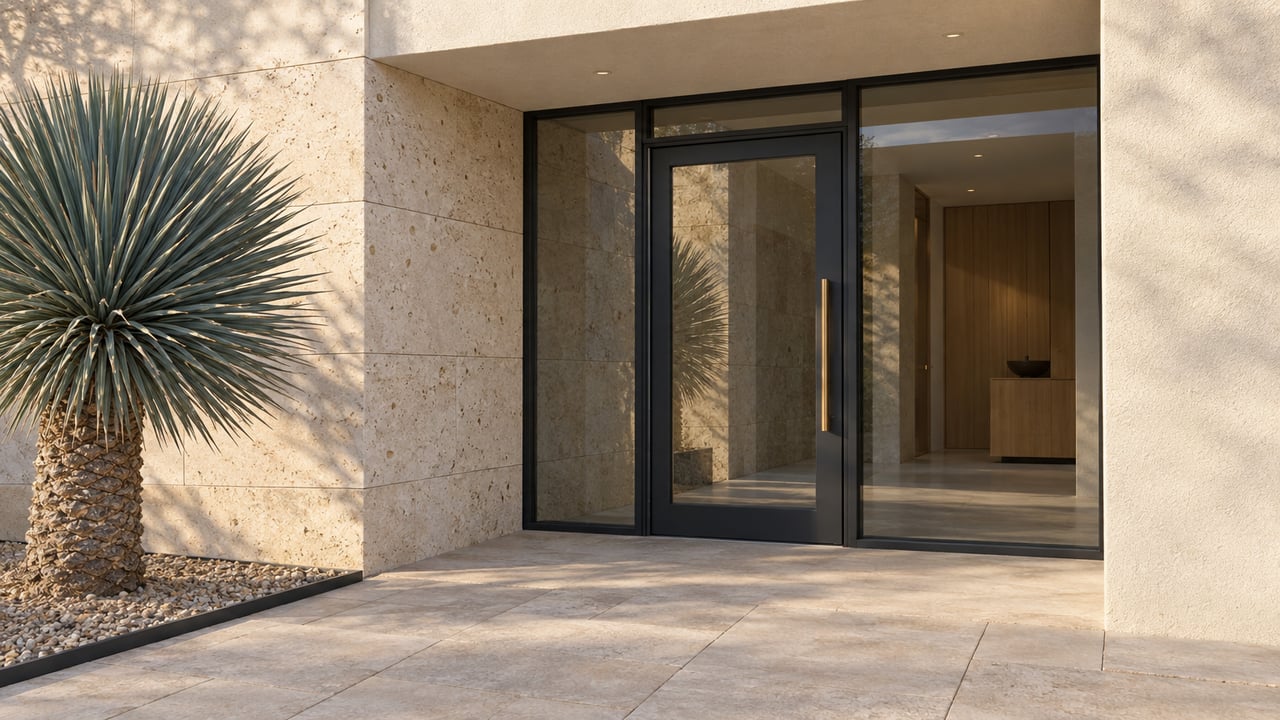 Contemporary home entrance with beige limestone, ivory stucco, charcoal-framed glass and a sculptural yucca beside sand-colored paving.