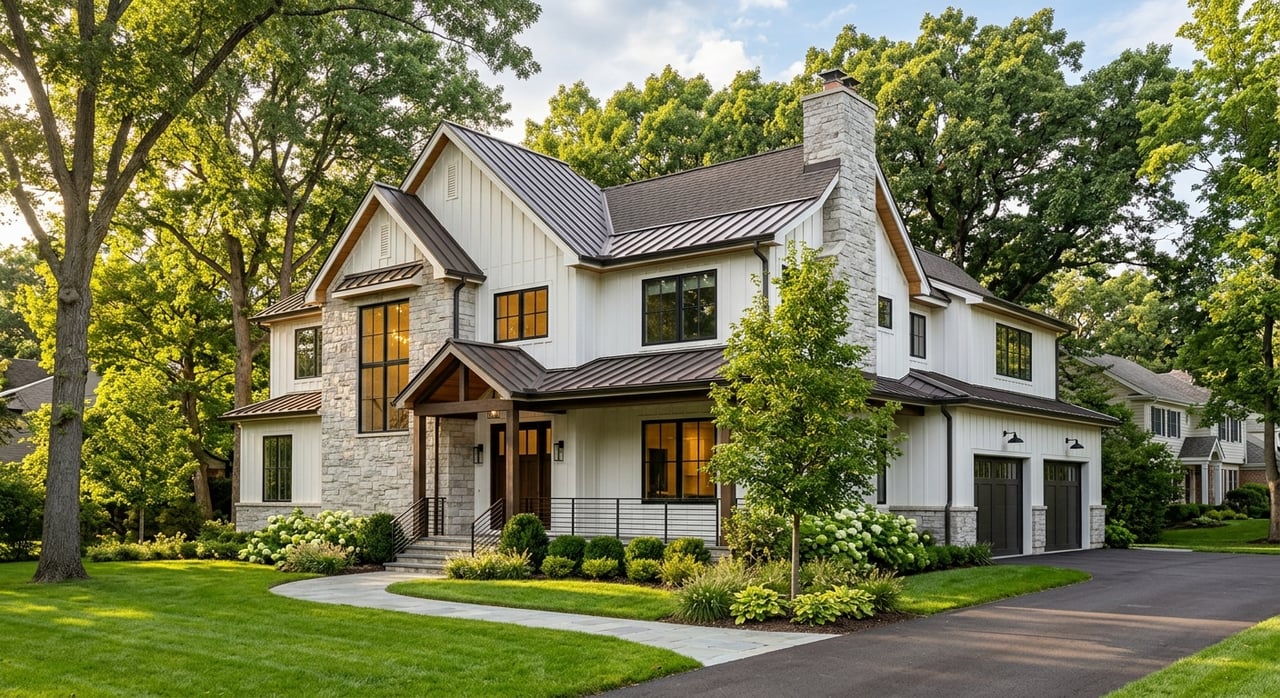 Cream brick suburban home with a set-back two-car garage, oak front door, and landscaped walkway.