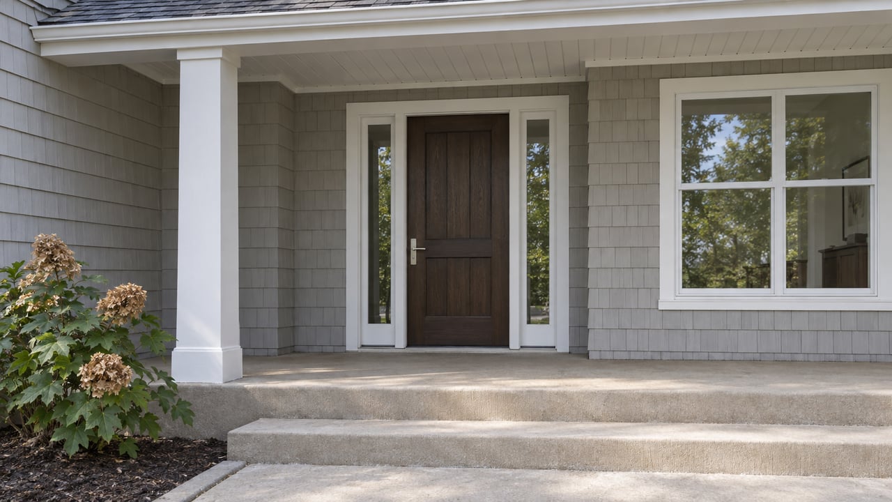 Shingle-sided home with a sheltered oak front door, paired glass sidelights, pale concrete steps and an oakleaf hydrangea.