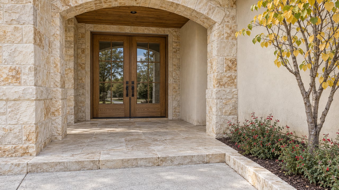 Cream limestone arch frames paired oak entry doors above a stone porch, beside a redbud and red-flowering sage.