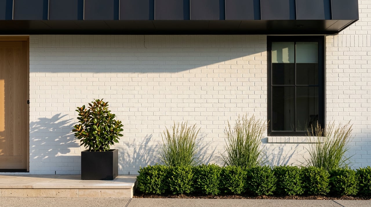 White brick entry with black-framed window, steel awning, limestone step, and clipped plantings.