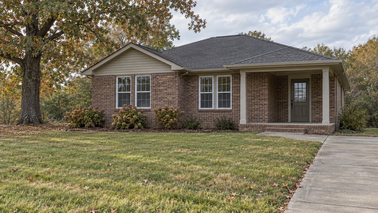 A modest brick home with a covered porch, broad autumn lawn and a mature oak under pale clouded daylight.