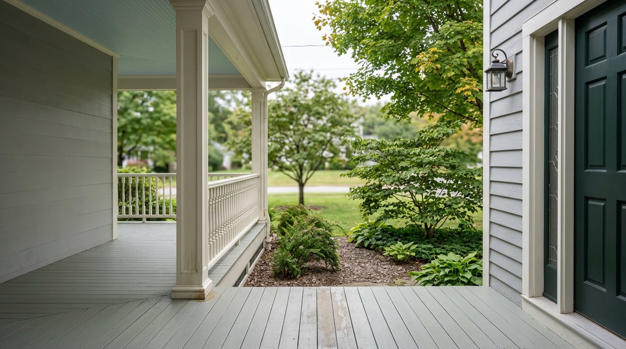 Elevated porch with gray-green floorboards, white turned railing, bottle-green door, and garden beyond.