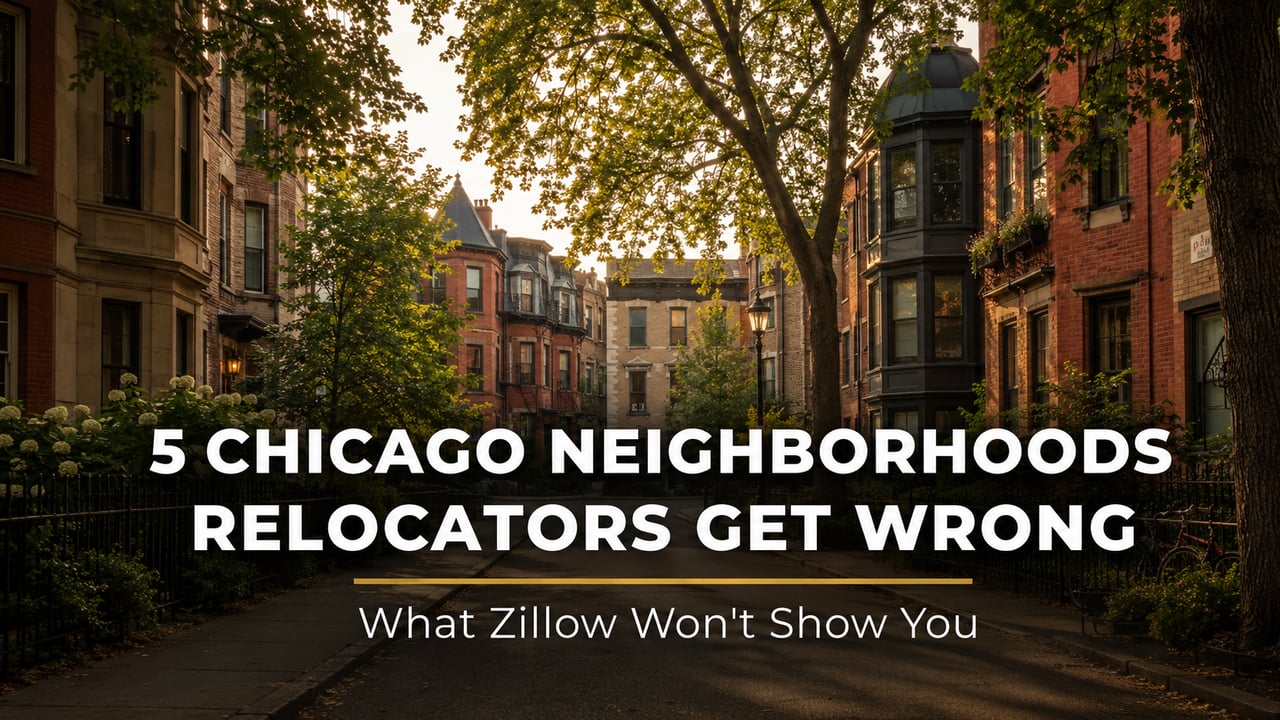 Chicago North Side neighborhood street with vintage brick buildings and tree-lined sidewalks