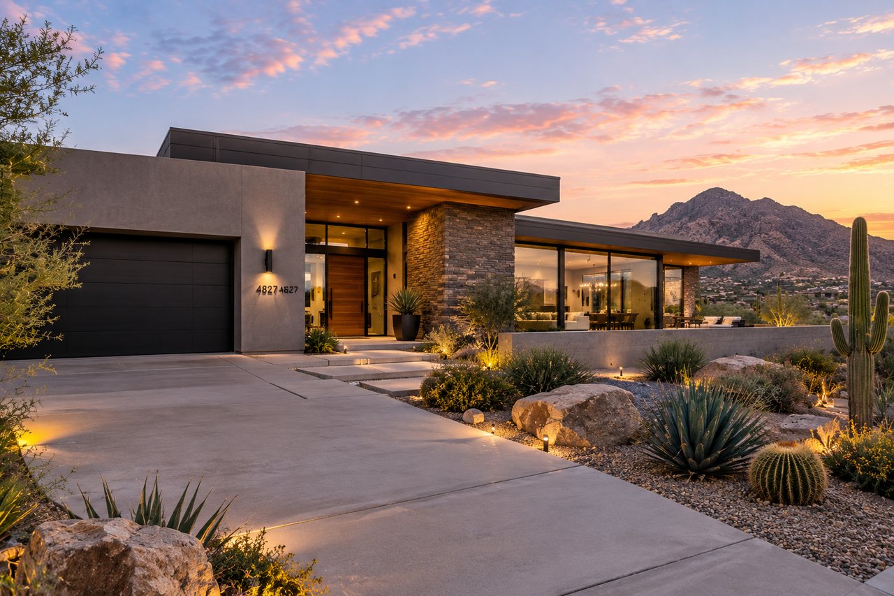 Modern desert home with stone accents and glass walls, framed by cacti and a mountain at dusk.