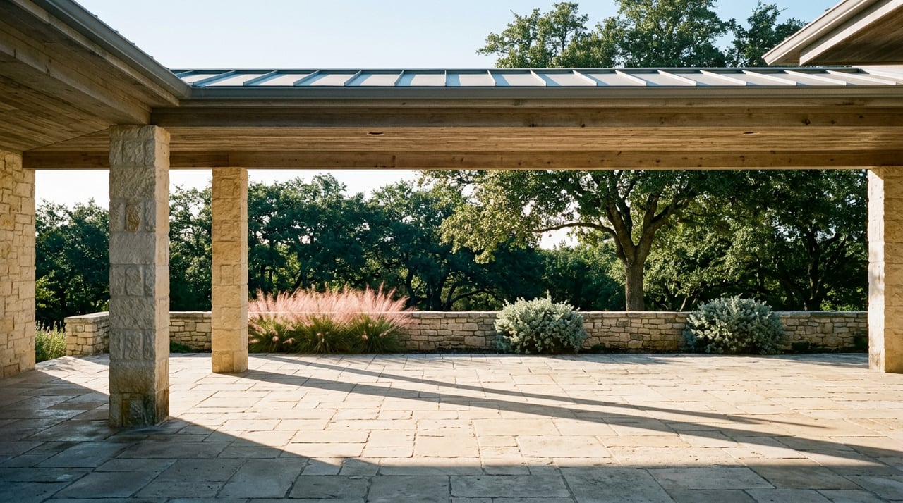 Limestone terrace beneath a cedar breezeway, with a low stone wall, pink muhly grass, and live oaks beyond.