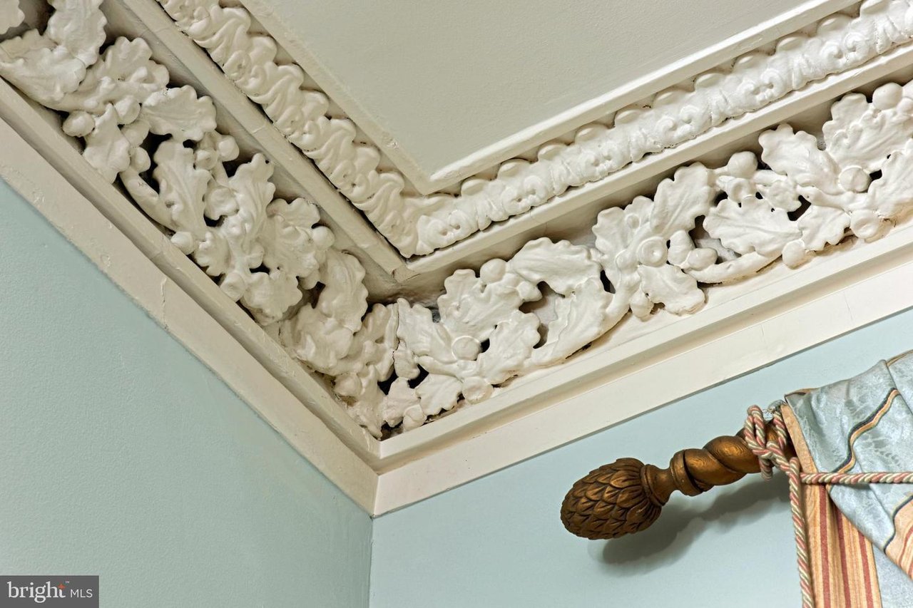 Ornate floral ceiling molding above a carved curtain rod and drapery.