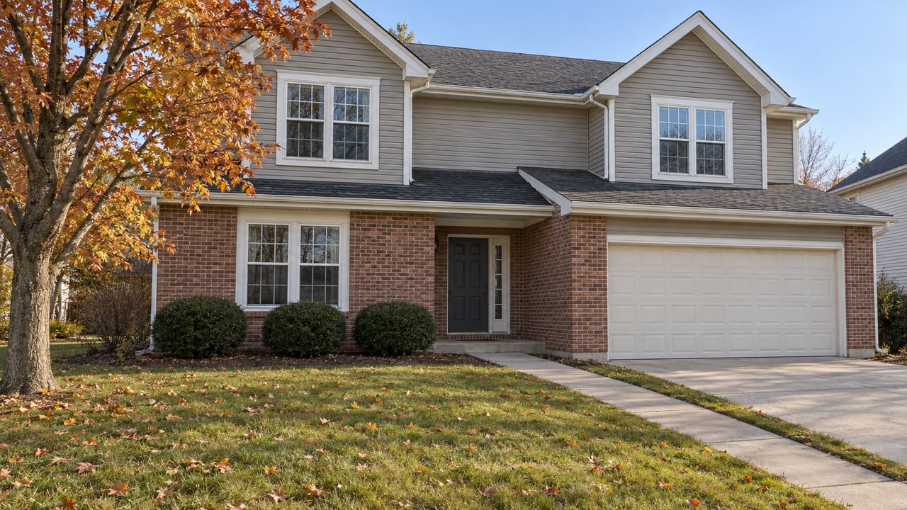 Late-autumn sunlight on a brick-and-gray-siding home, with a deep front lawn, copper maple leaves and an attached garage.