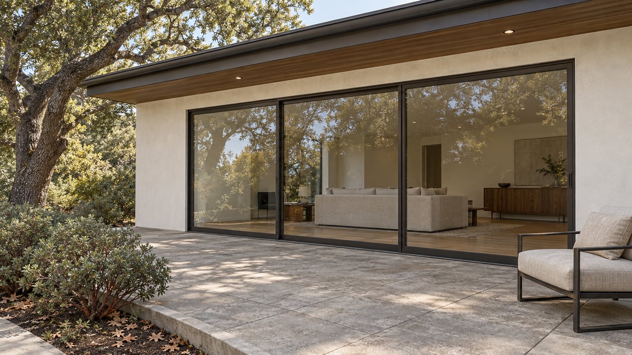 An updated single-story home with deep cedar eaves, closed bronze-framed glass doors and a stone-gray terrace beside a mature oak.