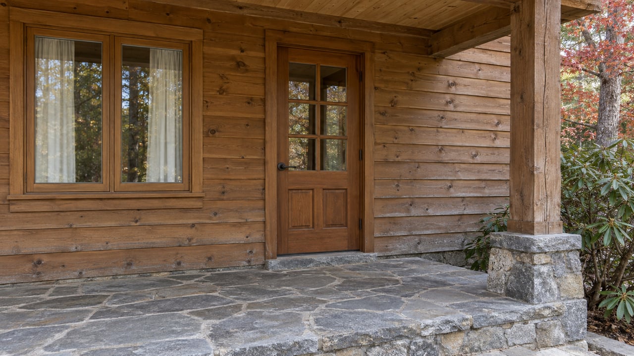 A covered cedar entry with a glazed wood door, gray flagstone floor and autumn leaves beside a stone-supported porch post.