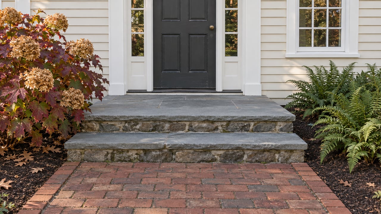 Dark paneled front door and ivory clapboard above blue-gray stone steps, with a brick path and autumn oakleaf hydrangea.