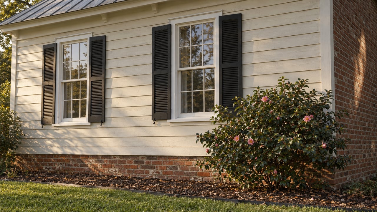 Ivory-sided house corner with two shuttered windows, a red-brick foundation, and a camellia beside the lawn.