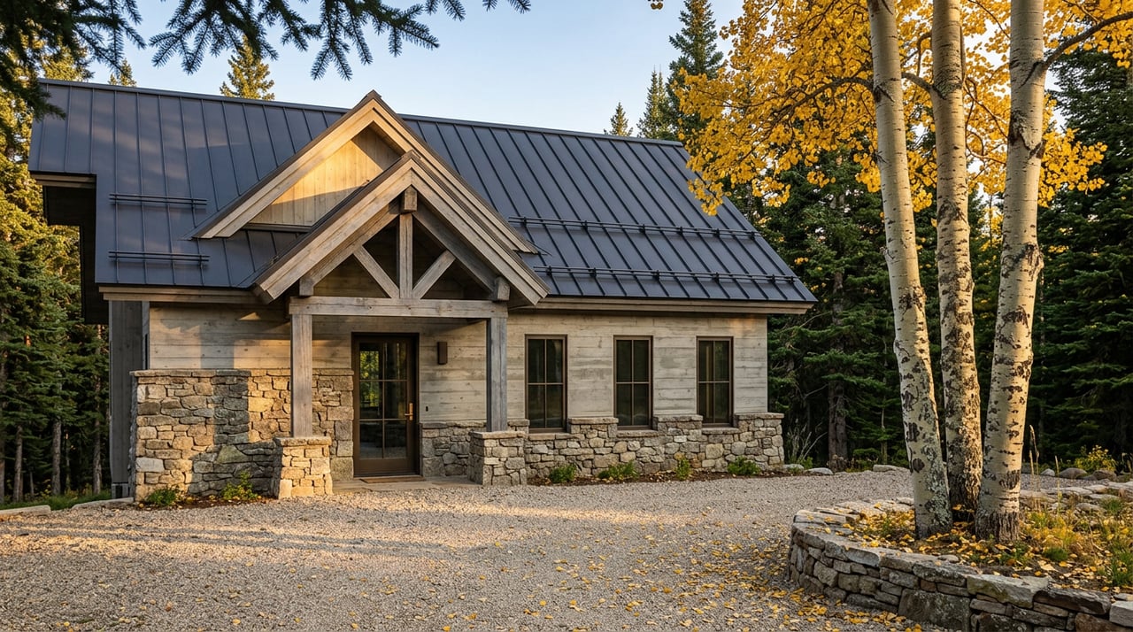 Mountain home with a stone base, concrete walls, timber entry truss, and golden aspens beside a gravel court.