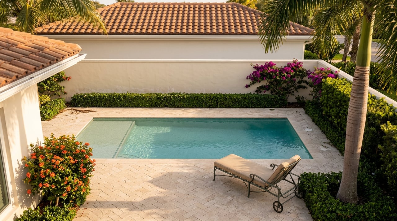 Aqua-tiled pool beside a herringbone travertine terrace, with a wrought-iron chaise and bougainvillea-lined garden wall.