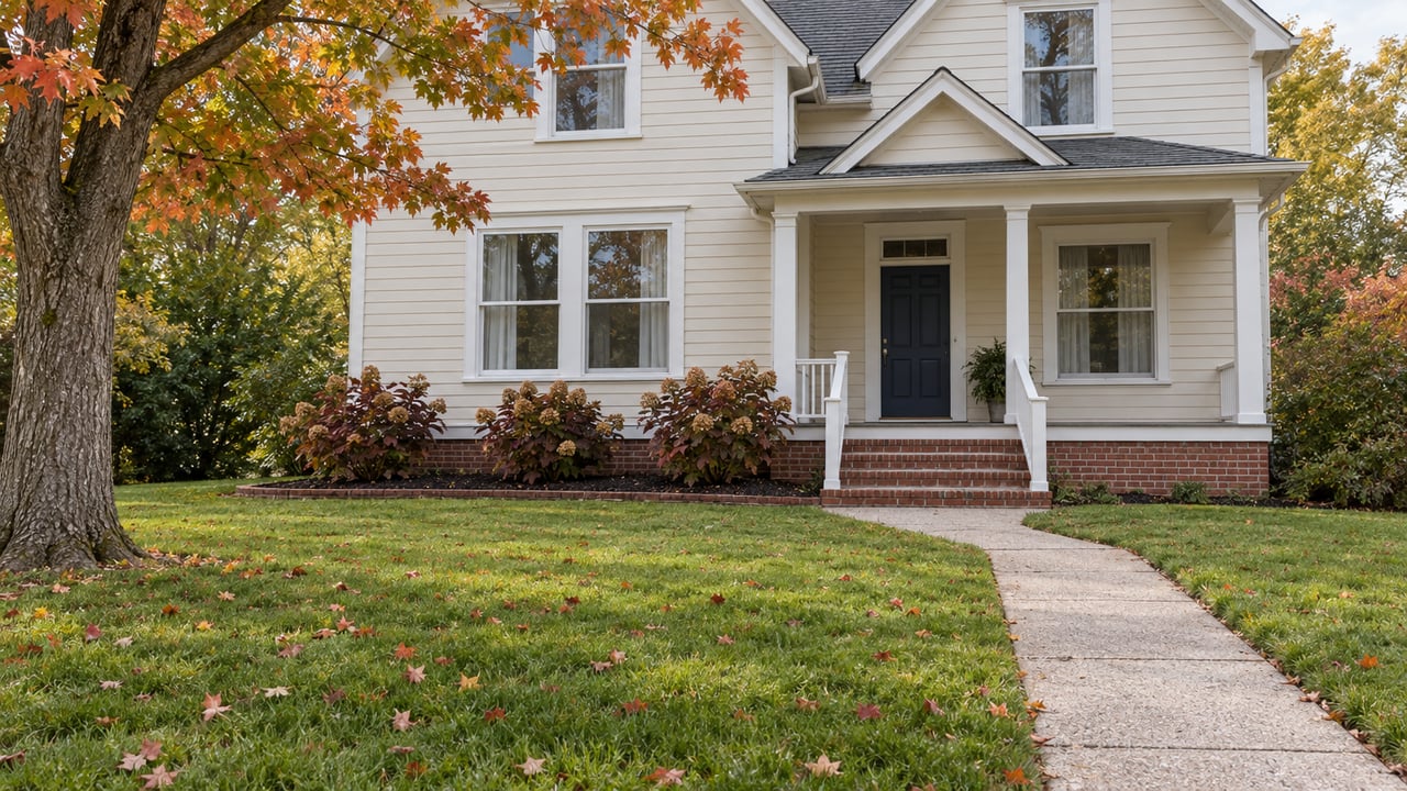 Cream-sided home with a brick porch, deep green front lawn and an orange-turning maple beside the approach.