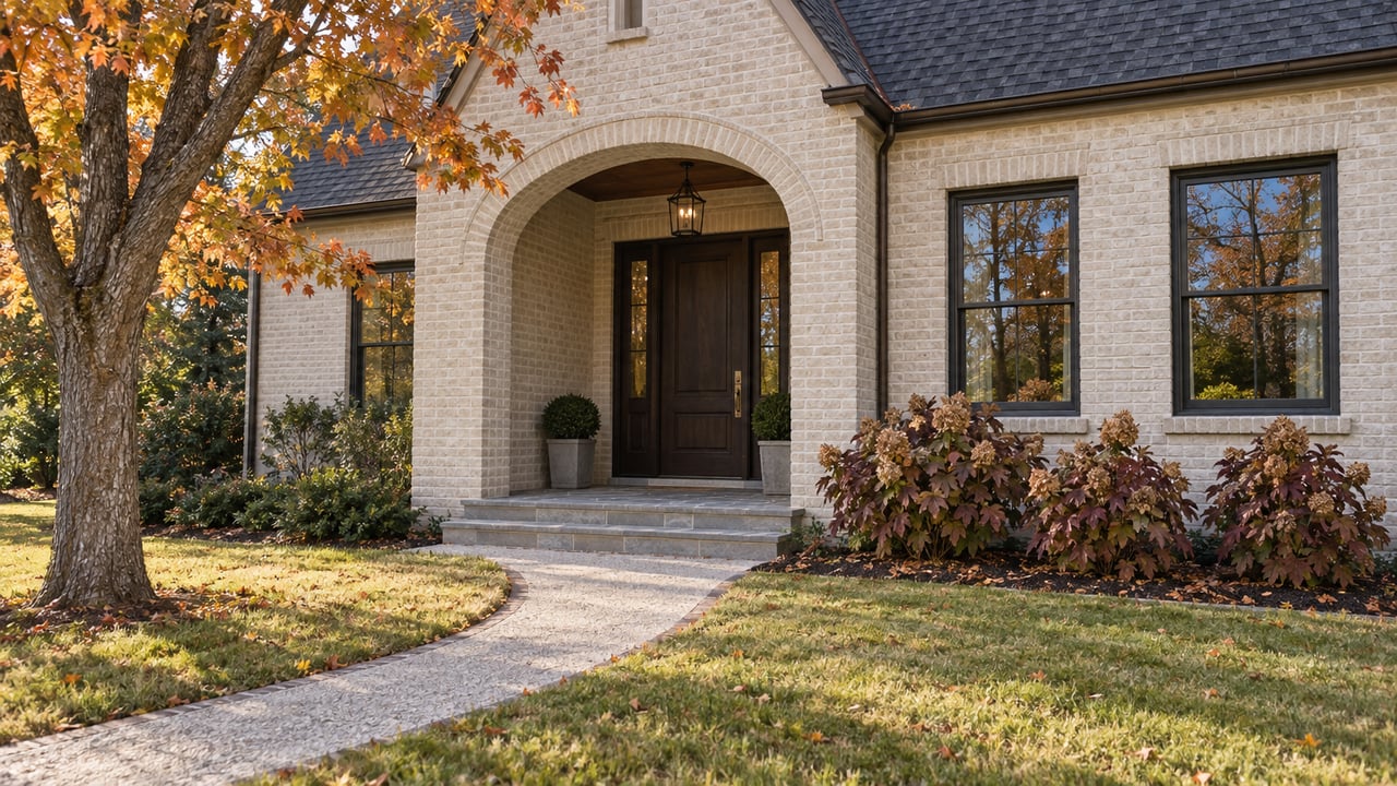 Autumn light across an ivory brick home's arched porch, oak front door and limestone steps, beside a mature sugar maple and oakleaf hydrangeas.