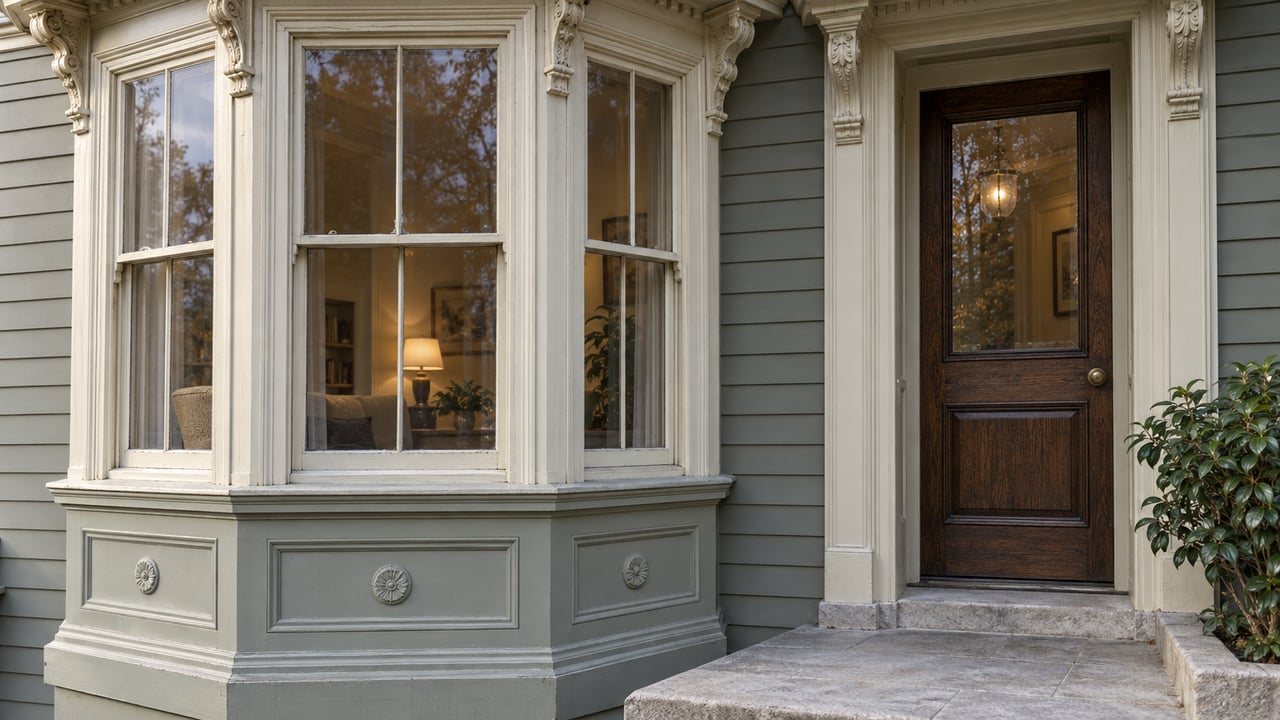 Close view of a gray-green timber home's ornate cream bay windows and recessed oak entrance, with a worn stone landing and camellia leaves.