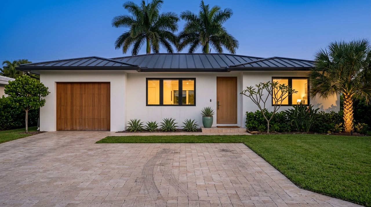 White stucco ranch with charcoal metal roof, teak garage door, limestone driveway, and illuminated palms at dusk.