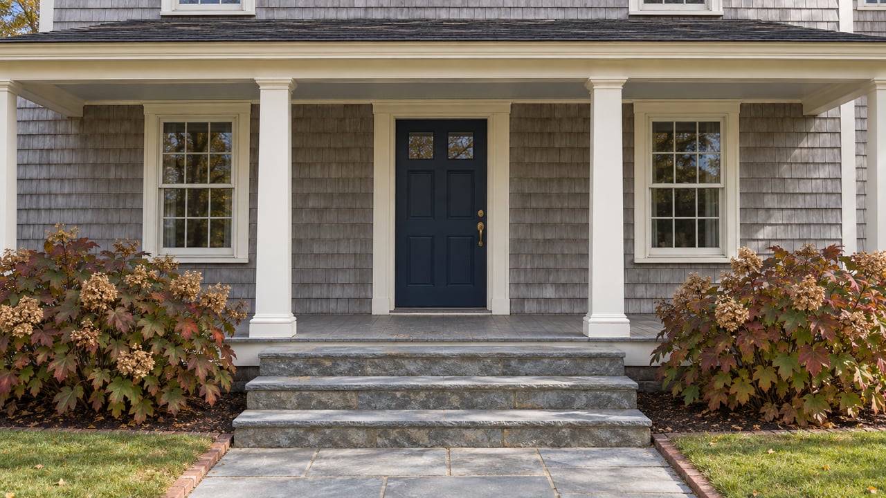 Midday light on a cedar-shingled home's covered porch, navy front door, bluestone steps, and oakleaf hydrangeas with autumn foliage.