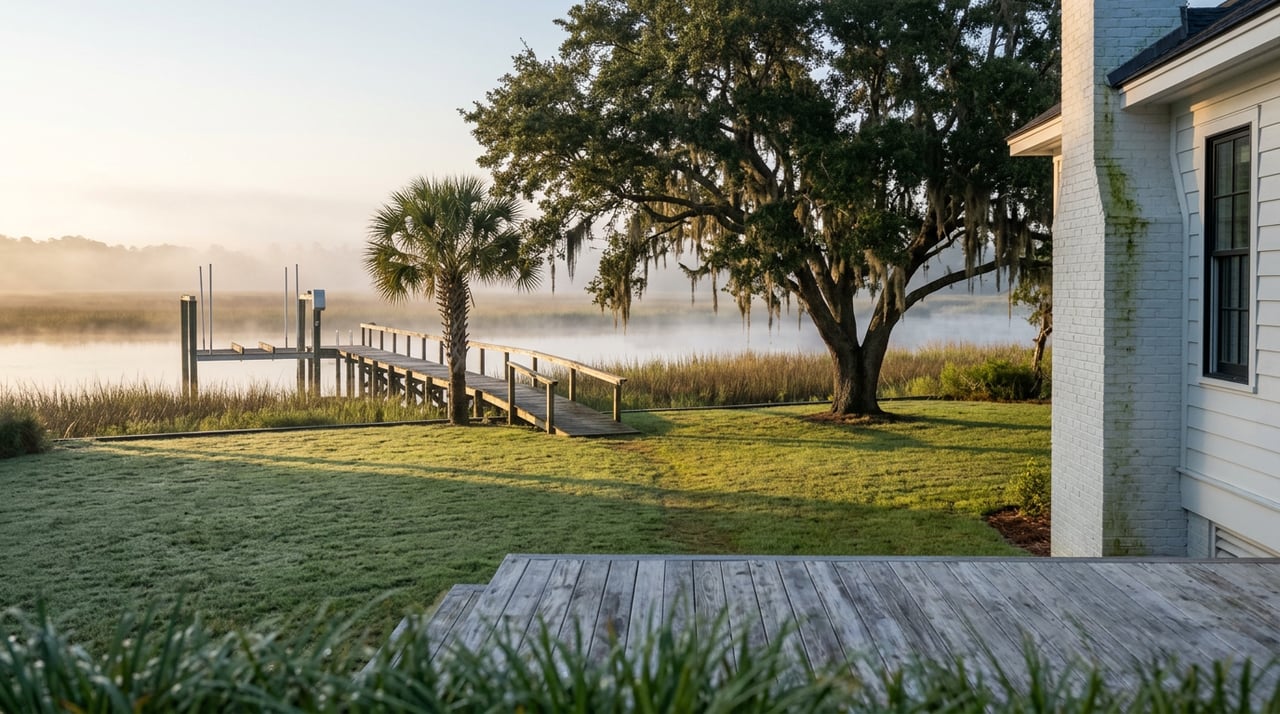 Waterfront lawn with a live oak, Spanish moss, and a wooden pier reaching through dawn mist toward tidal marsh.
