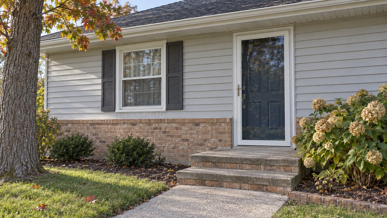 Gray-sided house entry with a dark-blue front door, white-framed window, concrete steps, and a red oak tree.