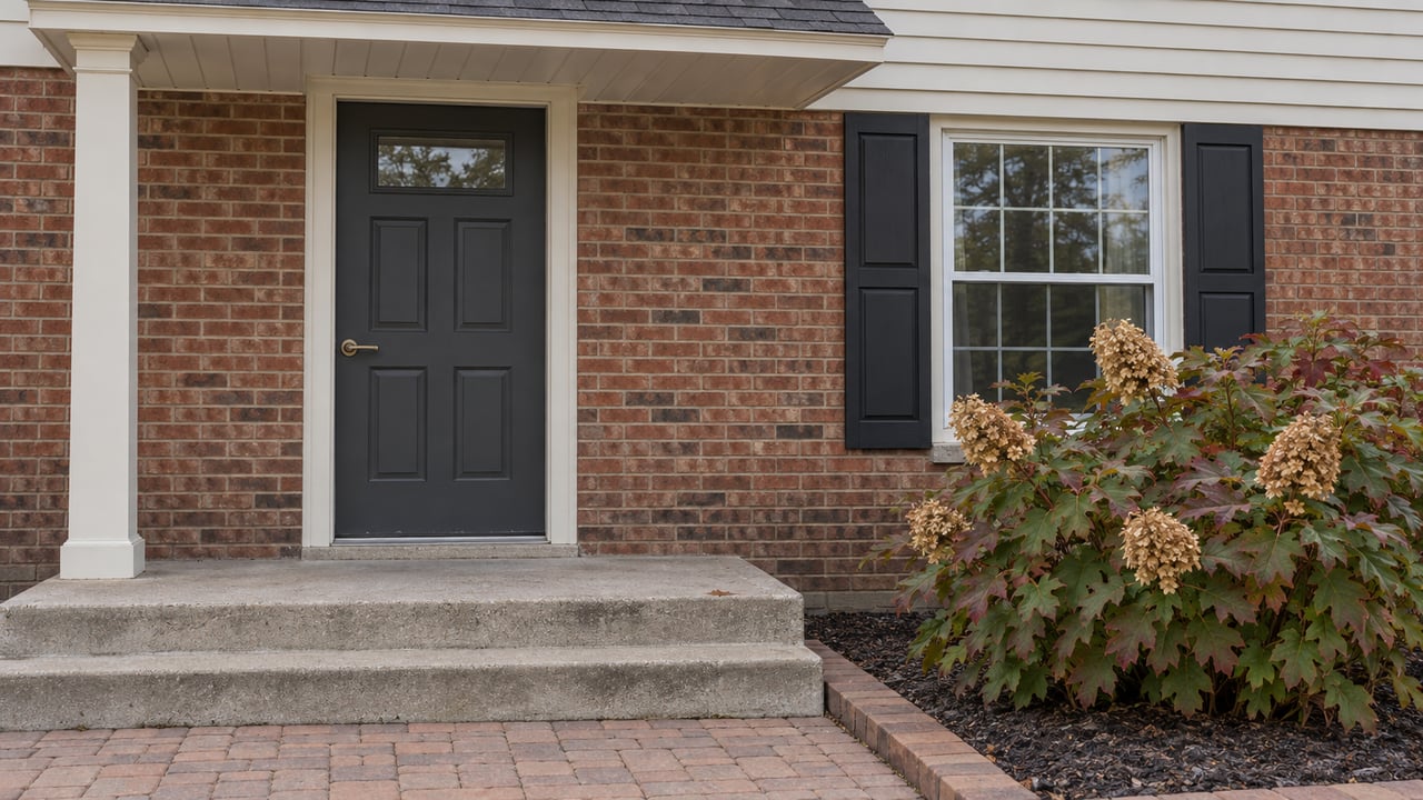 Brick home entry with a charcoal door, white-framed window and black shutters, concrete steps, a clay-paver walk and an autumn oakleaf hydrangea.