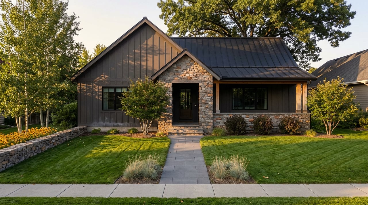 Charcoal-sided home with a black metal gabled roof, stone porch, curving paver walk, and mature shade tree.