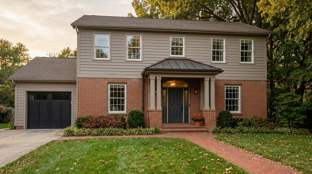 Two-story brick-and-taupe house with a columned entry, curved brick walk, and bronze-tipped oak canopy.