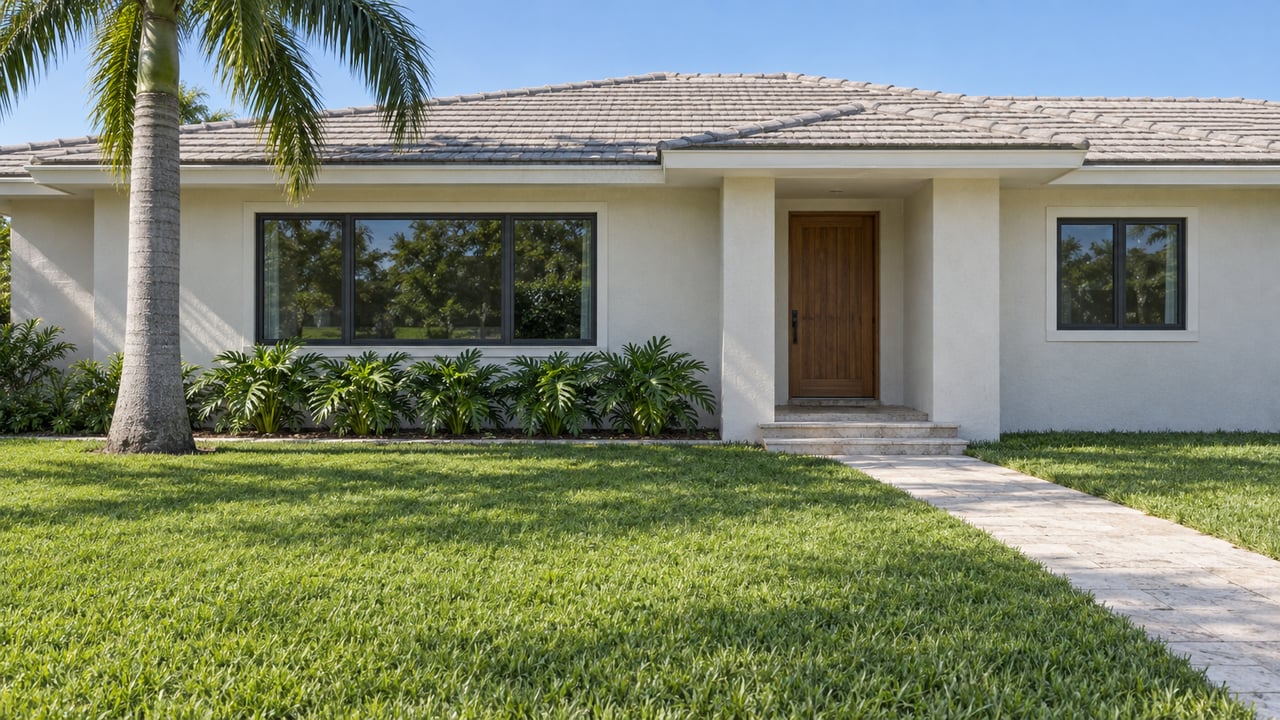 White stucco single-story home with a teak entry door, dark-framed windows, a limestone walk, broad lawn, and a mature royal palm.