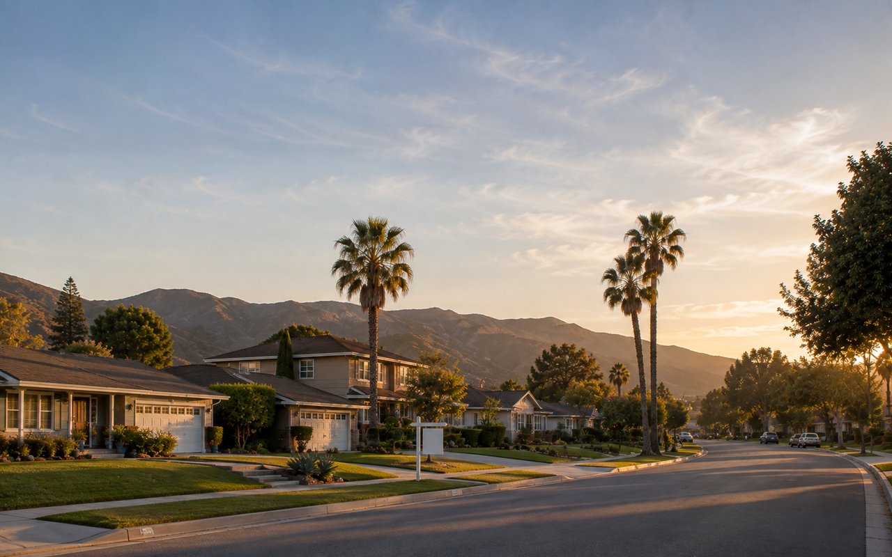 San Fernando Valley neighborhood street at sunset with a real estate for sale sign, summer 2026 market update