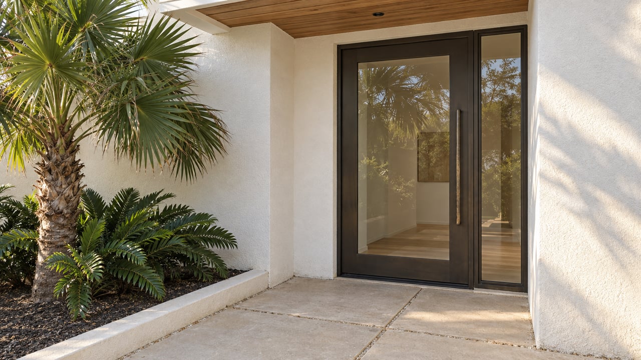 Coastal townhouse entrance with a bronze-framed glass door, timber soffit, and palm in a raised planting bed.