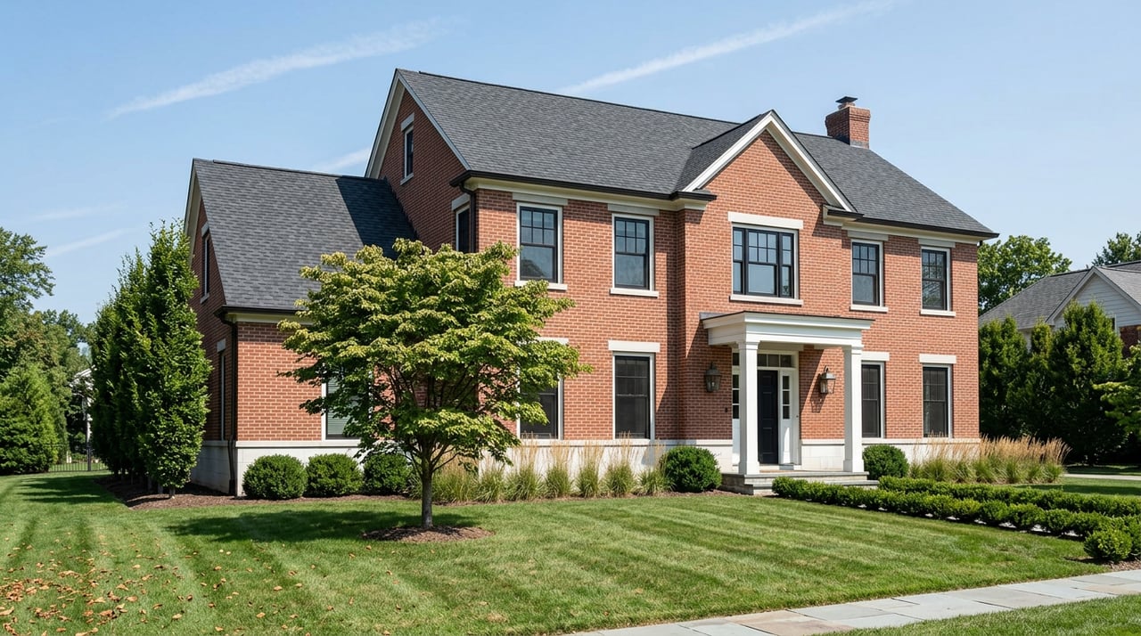 Two-and-a-half-story red-brick house with a white-columned portico, broad lawn, and a leafy katsura tree.