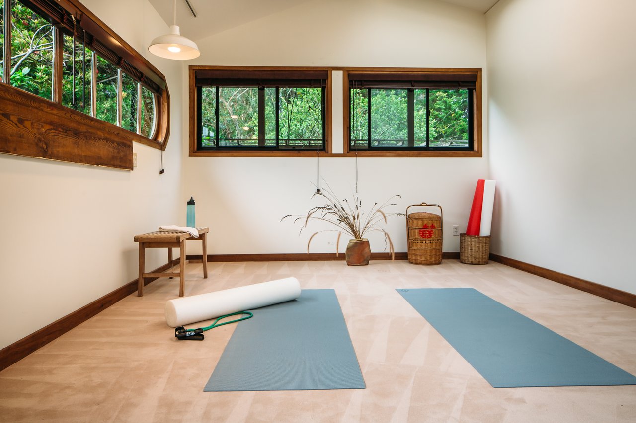 Home yoga room with blue mats, exercise props, and large windows overlooking greenery.