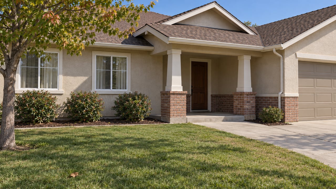 A beige single-story home with brick porch supports, white-trimmed windows and a deep front lawn beneath a mature tree.